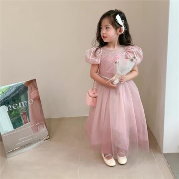 蓬蓬女童粉色洋氣泡泡短袖連衣裙