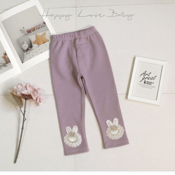 厚款 兔兔蕾絲毛線繡霧粉不倒絨內搭褲 秋冬童裝 女童長褲 女童外出褲 女童褲子 秋冬長褲 刷毛