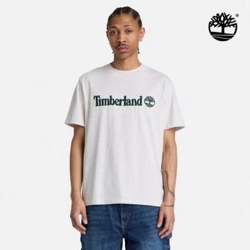 Timberland官方旗艦 男款淺米色刺繡LOGO短袖T恤|A5TUU546
