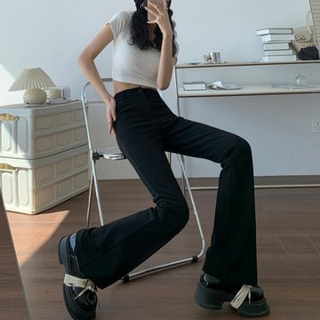 La Belleza韓版女神褲提臀顯瘦雙釦彈性腰圍垂墬感大喇叭褲西裝長腿長褲