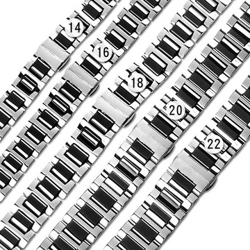 Watchband / 各品牌通用 亮麗質感 蝴蝶扣 陶瓷不鏽鋼錶帶 黑陶瓷x銀鋼框 ＃836-53-SRBK