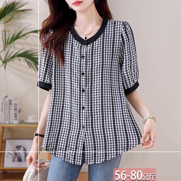 圓領包邊格紋蕾絲拼接泡泡袖襯衫 XL-5XL【325787X】【現+預】☆流行前線☆