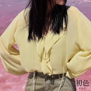 初色 法式素色V領寬鬆顯瘦抽繩長袖襯衫上衣女上衣-黃綠色-38467(M-2XL可選/現貨+預購)