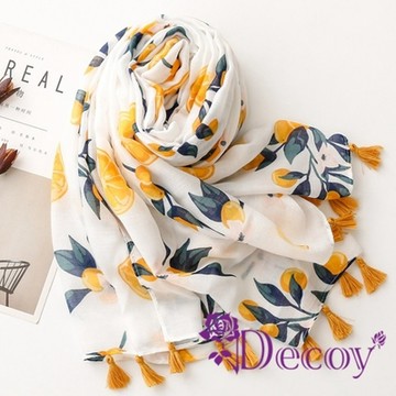 Decoy 日韓甜美 時尚印花圖騰流蘇披肩圍巾 橙色