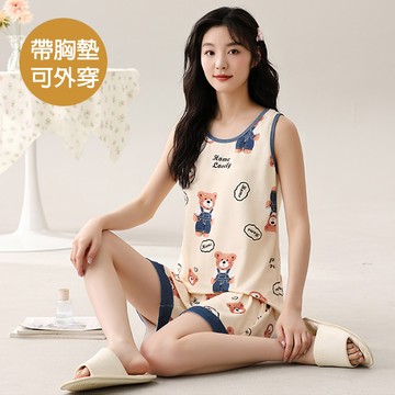 【韓國K.W.】KQN4477韓國熊棉背心印花家居服睡衣套裝(背心/大面印花/短褲)