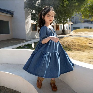 Baby童衣 女童一字領泡泡袖牛仔裙 母女裝 女寶寶夏季洋裝 親子裝 89034