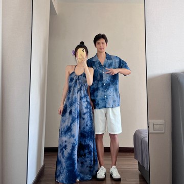 大碼情侶裝 藍色情侶套裝 S-3XL  連身裙 洋裝女 男女套裝 吊帶長裙 男襯衫 情侶衣 藍色扎染 情侶度假風