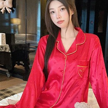 睡衣 紅色愛心提花長袖開衫喜慶高級感睡衣 甜美少女 學生睡衣 性感甜美睡衣 可外穿 休閒風 睡衣套裝