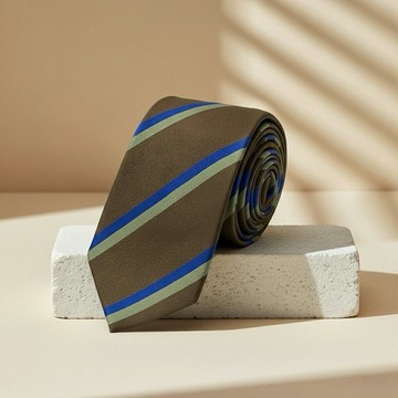 藍綠大斜紋咖啡真絲領帶