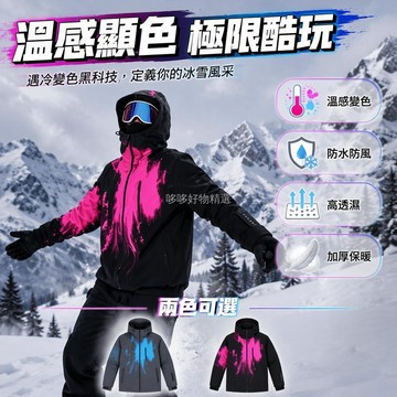 台灣出貨 溫感變色連帽滑雪服 遇雪顯色防風外套 雪地專用運動衝鋒衣 男女款秋冬保暖 戶外雪景拍攝裝備