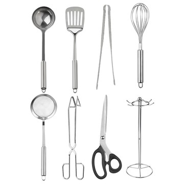 VILIVIN 不銹鋼料理用具8件組 湯勺 + 撈沫勺 + 鍋鏟 + 攪拌器 + 廚房剪刀 + 廚房料理夾 + 剪刀型料理夾 + 收納架 銀色  1組
