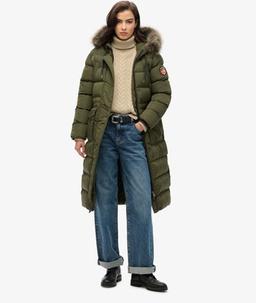 Superdry Women's Everest Faux Fur Longline Coat Khaki Size: 10