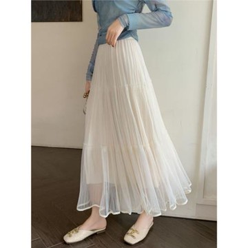 百褶半身裙女網紗裙子春夏2025新款正反兩面穿遮跨紗裙高腰a字裙