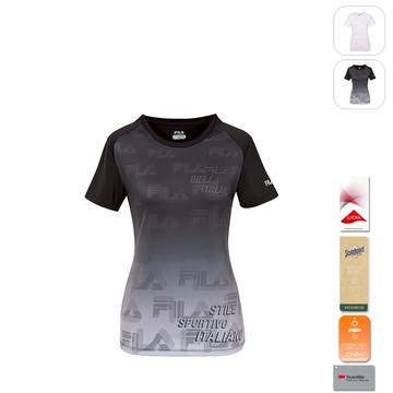 【FILA】女性 抗UV 吸濕排汗 短袖漸層圓領T恤-黑色 5TEY-1317-BK