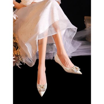 芯芯麻 高級感訂婚鞋女孕婦平底新娘鞋水晶鞋秀禾婚紗兩穿不累腳