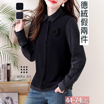 假兩件翻領排釦上衣+玫瑰花(2色) M-3XL【816425X】【現+預】☆流行前線☆