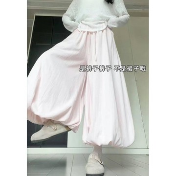 已售9642件💖loannina 花苞褲裙 日系 慵懶風 日常褲子 女生長褲 夏季褲子 薄款 褶皺 闊腿褲 直筒褲 高