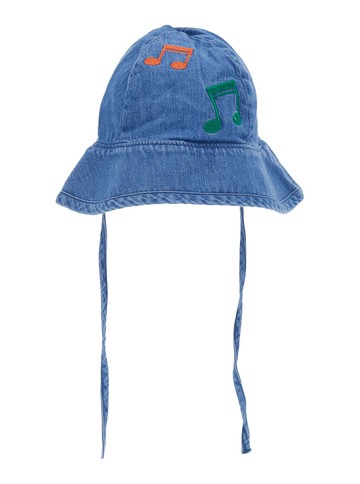 Mini Rodini Blue Hat With Musical Notes Embroidered On The Front In Denim Boy