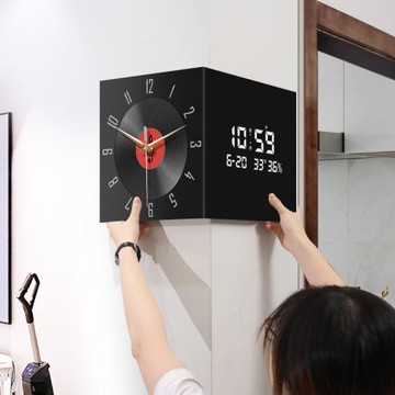中古風轉角裝飾畫萬年歷電子屏數顯時鐘復古唱片拐角雙面鐘表掛畫