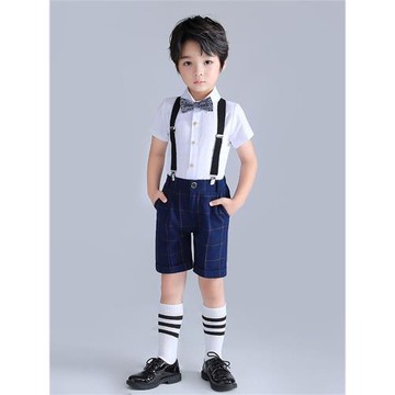兒童格子兩件套婚禮鋼琴背帶褲