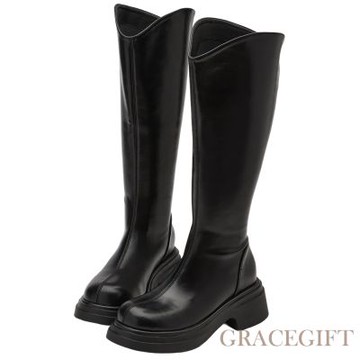 【Grace Gift】V口顯瘦(加寬筒圍)後拉圓頭厚底長靴 黑