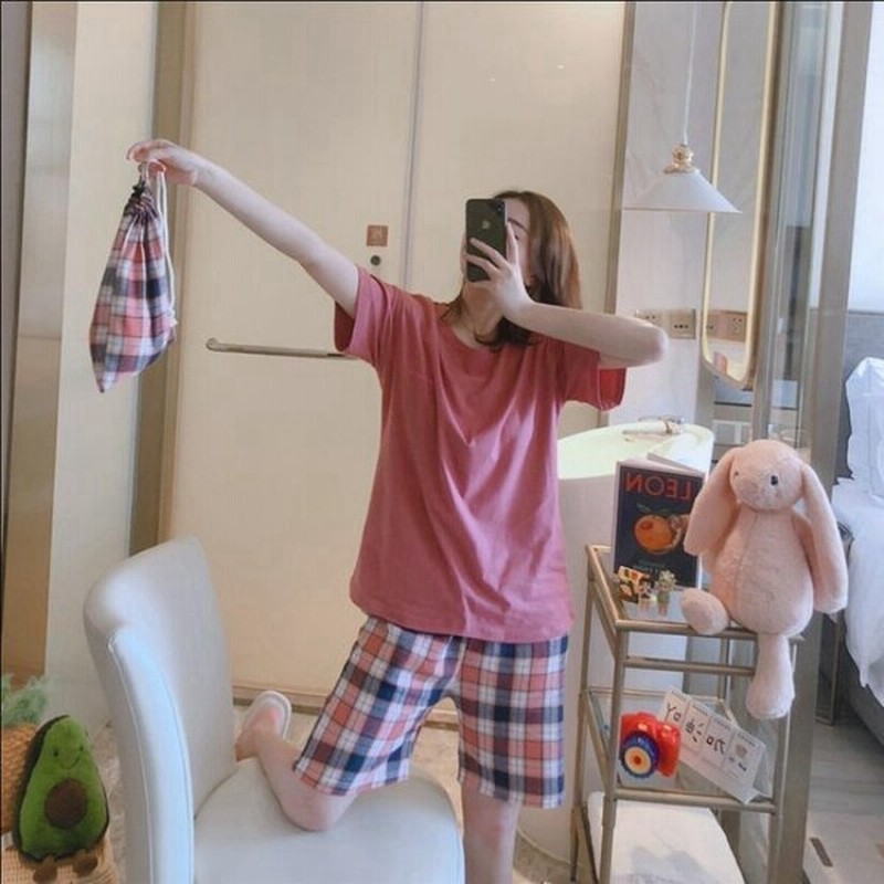 韓国風 カジュアルルームウェア 寝巻き パジャマ 安い パジャマ レディース 春夏半袖ショットパンツ スウェット上下セット チェック柄 綿 パジャマ 部屋着 通販 Lineポイント最大get Lineショッピング