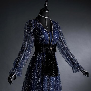 高端星空晚禮服女2025新款宴會重工氣質主持人夏季長袖名媛連衣裙