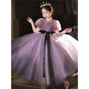 兒童禮服2025新款氣質公主裙高端時尚紫色亮片網紗裙長款鋼琴主持