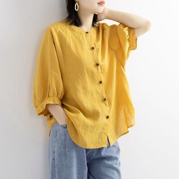 【雅韻衣櫥】夏季新款棉麻襯衫女裝燈籠袖復古文藝上衣寬鬆中袖大碼襯衣女
