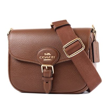 COACH Ameila 鵝卵石皮革翻蓋磁釦斜背包-咖啡色