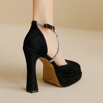 氣質一字帶水鉆中空涼鞋女夏季真皮防水臺粗跟高跟鞋包頭圓頭女鞋