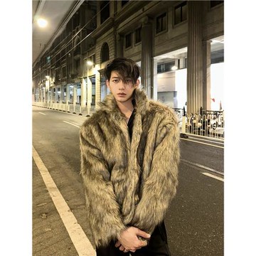 LINYILUCK/冬季高級時髦環保皮草短款外套男痞帥翻領皮毛一體外套