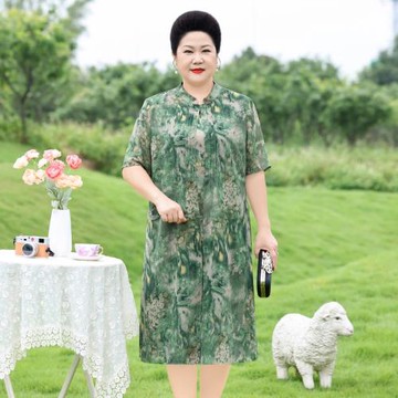優愛菲薄款連衣裙胖媽媽夏裝雪紡裙中老年女裝假兩件洋氣大碼裙子
