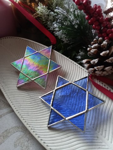 一組2件雪花吊飾梅爾卡巴聖誕擺飾，簡約彩繪玻璃