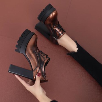 單鞋女2024新款春秋粗跟高跟鞋防水臺復古馬丁靴女加絨系帶深口鞋