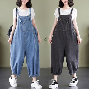 直筒束腳牛仔背帶褲女2025夏季寬松韓版小個子顯瘦哈倫吊帶連體褲