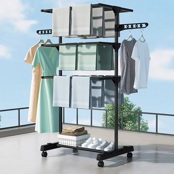 aotto多功能三層附輪折疊曬衣架(晾衣架 曬衣架 毛巾架 寶寶曬衣)