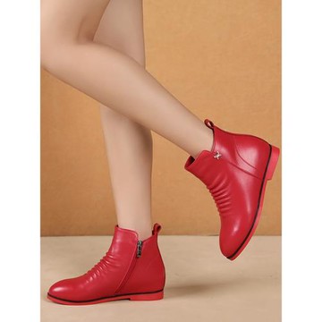 秋冬新款平跟短靴單靴紅色婚鞋 真皮內增高加絨馬丁靴女靴子紅色