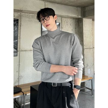 冬季半高領毛衣男內搭灰色寬松青少年保暖加絨加厚中領針織打底衫