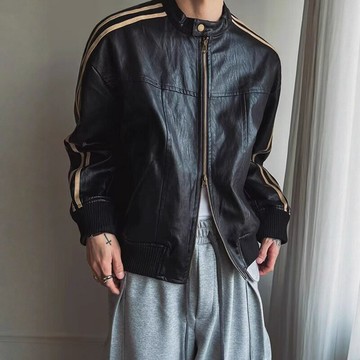 美式復古條紋拼接皮衣外套男士秋季寬松立領上衣韓系潮流機車皮夾鑫弘-衣錦男裝