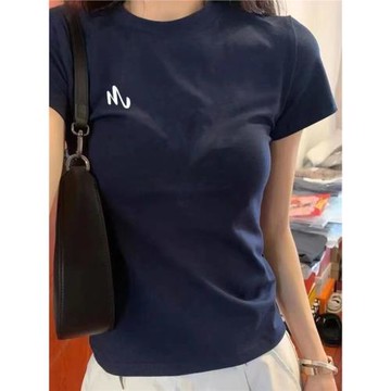 藏青色基礎款純棉小眾正肩短袖t恤女夏季修身顯瘦設計感韓系上衣