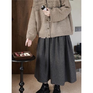 日系秋冬半身裙純色a字加厚文藝復古中長款毛呢裙森系甜美女裝