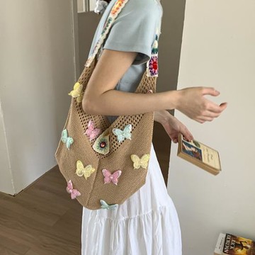 慵懶松弛感包包女大容量2025新款民族風蝴蝶針織包度假海邊沙灘包