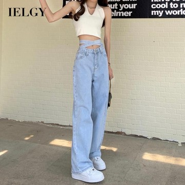 IELGY 街拍高腰綁帶牛仔長褲女寬鬆
