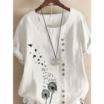 夏季大碼亞麻小衫胖妹妹寬松薄款棉麻印花T恤中長款短袖休閑上衣