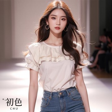 初色 純色荷葉邊泡泡袖圓領短袖T恤上衣女上衣-白色-34946(M-2XL可選)