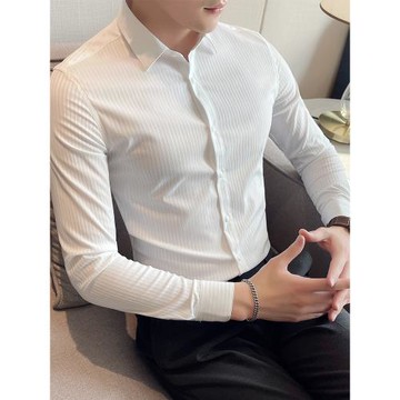 條紋襯衫男長袖高級感修身男士襯衣設計感小眾男裝休閑痞帥白寸衫