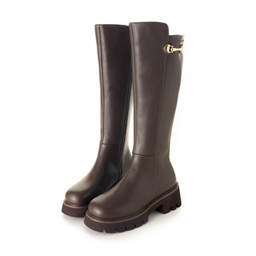 優雅氣質馬銜釦輕量厚底長靴 咖 L-2414BN