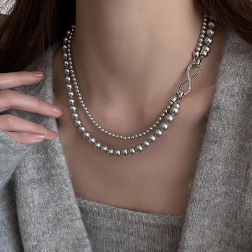 雙層疊戴灰色珍珠項鏈女秋冬氣質毛衣鏈2025新款爆款小眾設計頸鏈