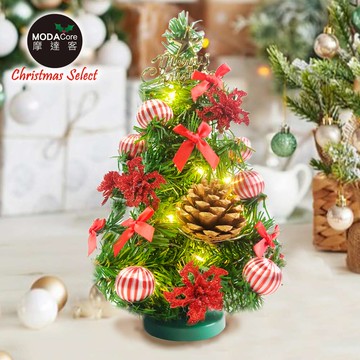 摩達客-台灣製1尺30cm精緻綠色聖誕樹+聖誕花糖果紅系裝飾品組_免組裝+20燈LED銅線燈串暖白光-USB電池盒兩用_本島免運費